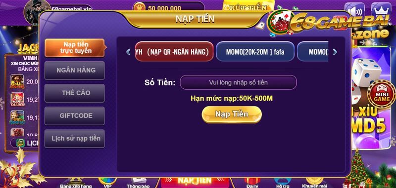 Hướng dẫn nạp tiền 68 game bai vào cổng game